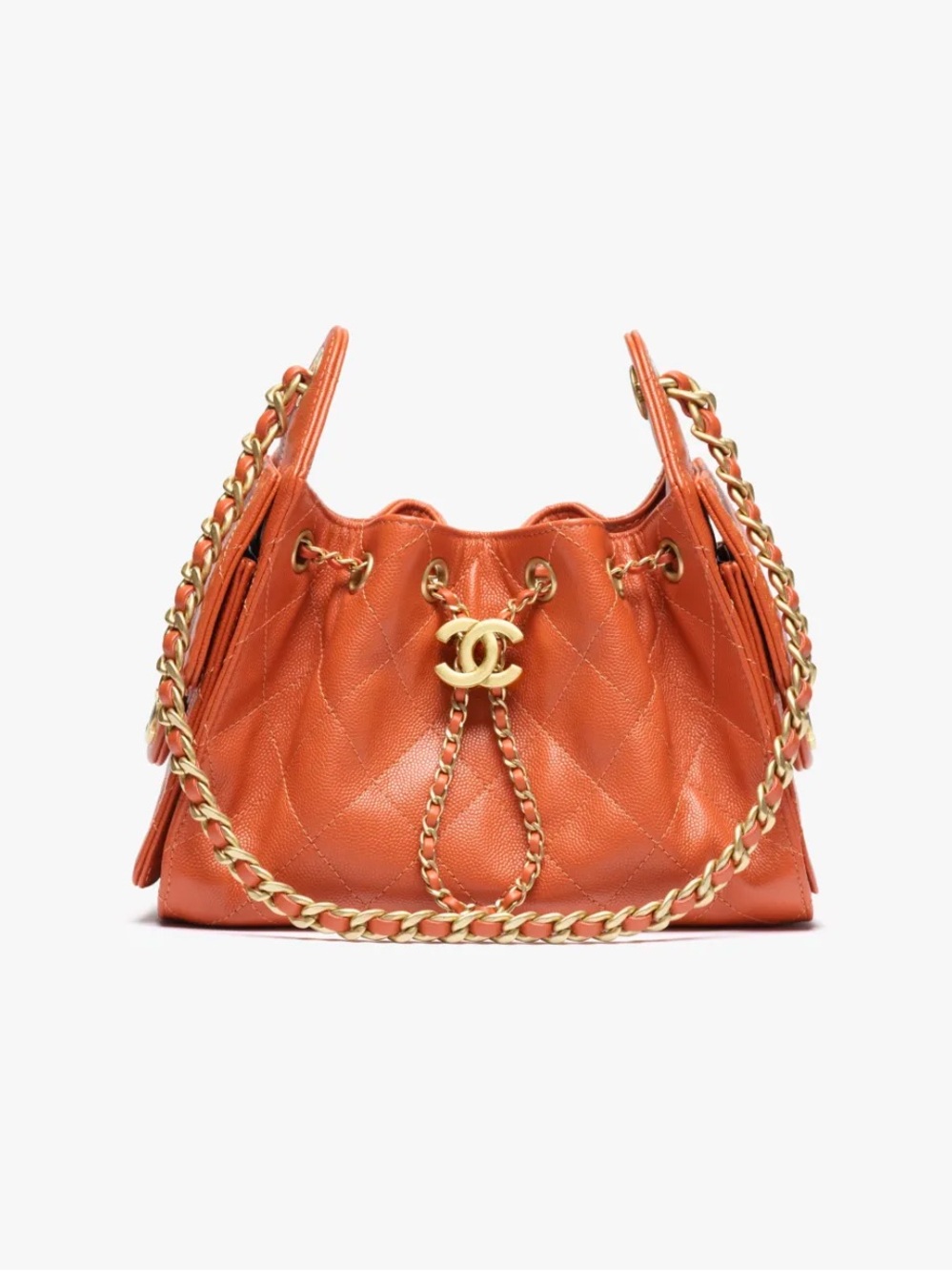 CHANEL Orange Quilted Drawstring Shoulder Bag with Gold Chain